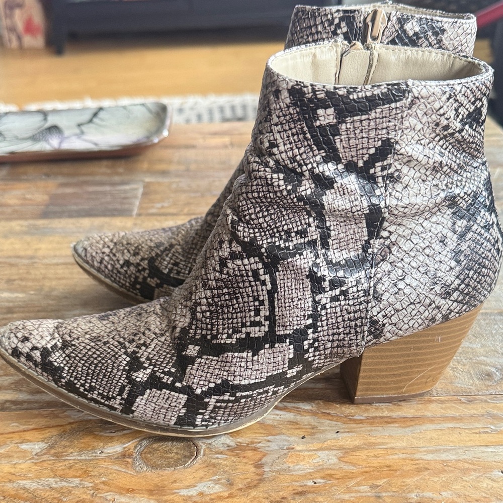 Free People Snake-Print Pointed Ankle Booties in Beige and Black